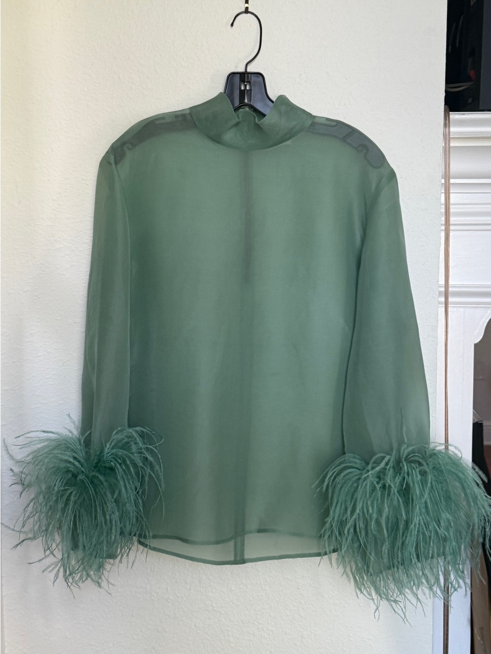 Lapointe Mock-neck Organza Feather-Cuff Blouse - Seafoam Green